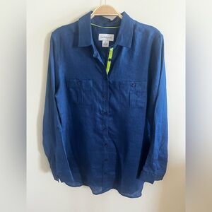 Peck &‎ Peck Navy Long Sleeve Lime Accented 100% Linen Sz M Spring Lightweight